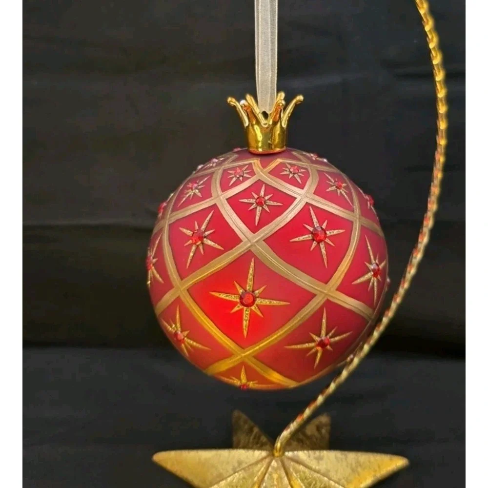 Glass Ball Red Gold Bauble Porcelain Crown Cap Jewels Christmas Holiday Ornament